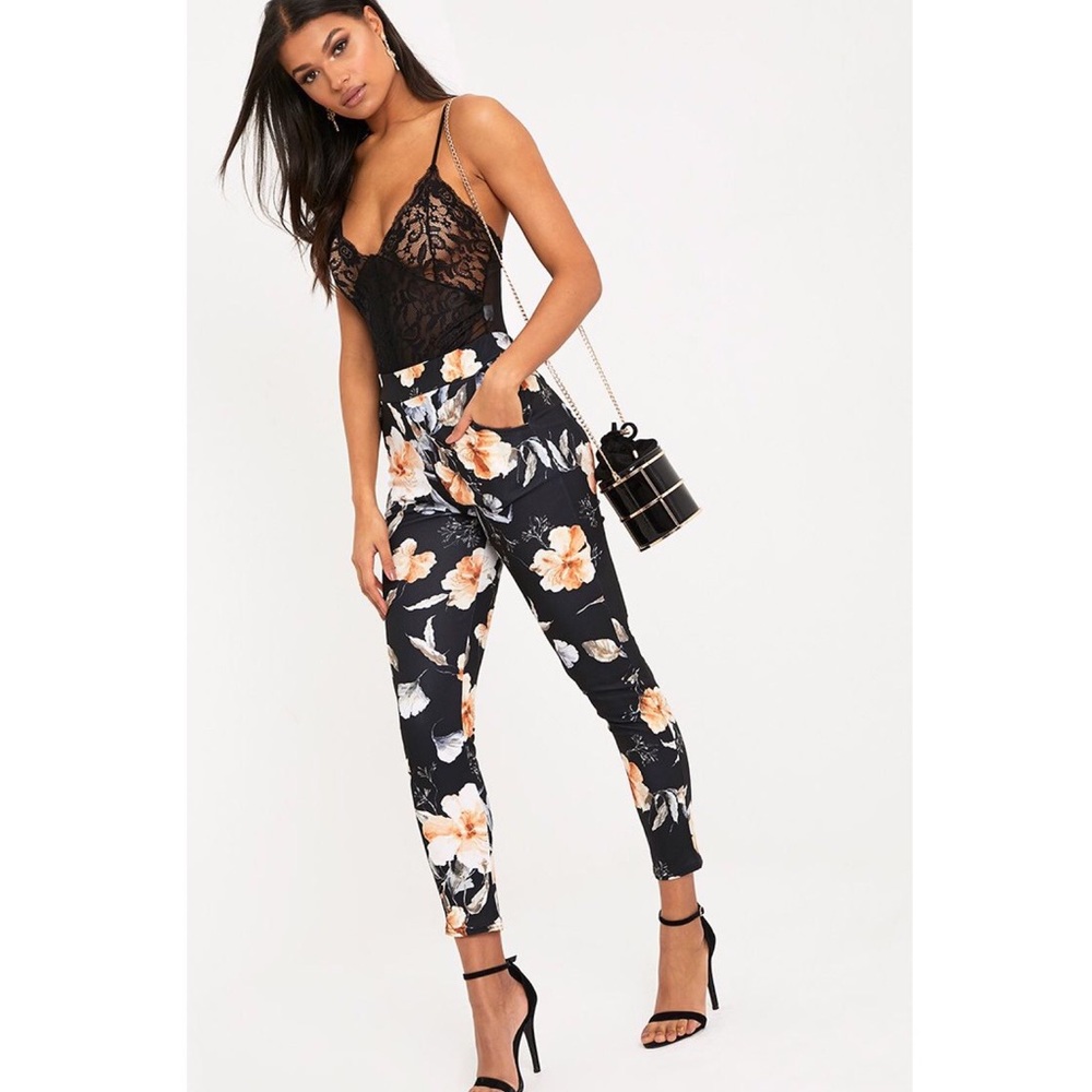 Sage Black Floral Print Trousers